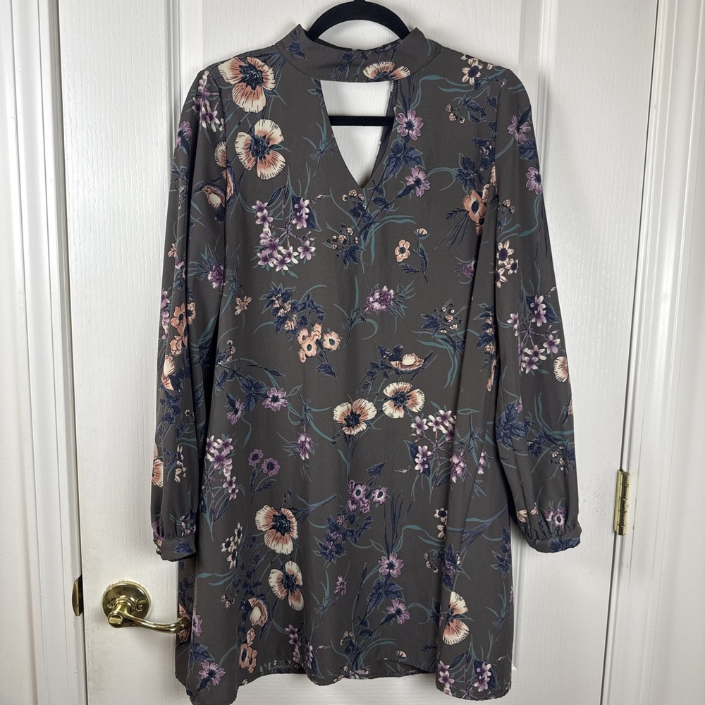 Altar'd State Women's M Gray Floral Keyhole Shift Dress Long Sleeve Boho